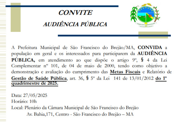 A Prefeitura Municipal de São Francisco do Brejão/MA, CONVIDA a população em geral e os interes...